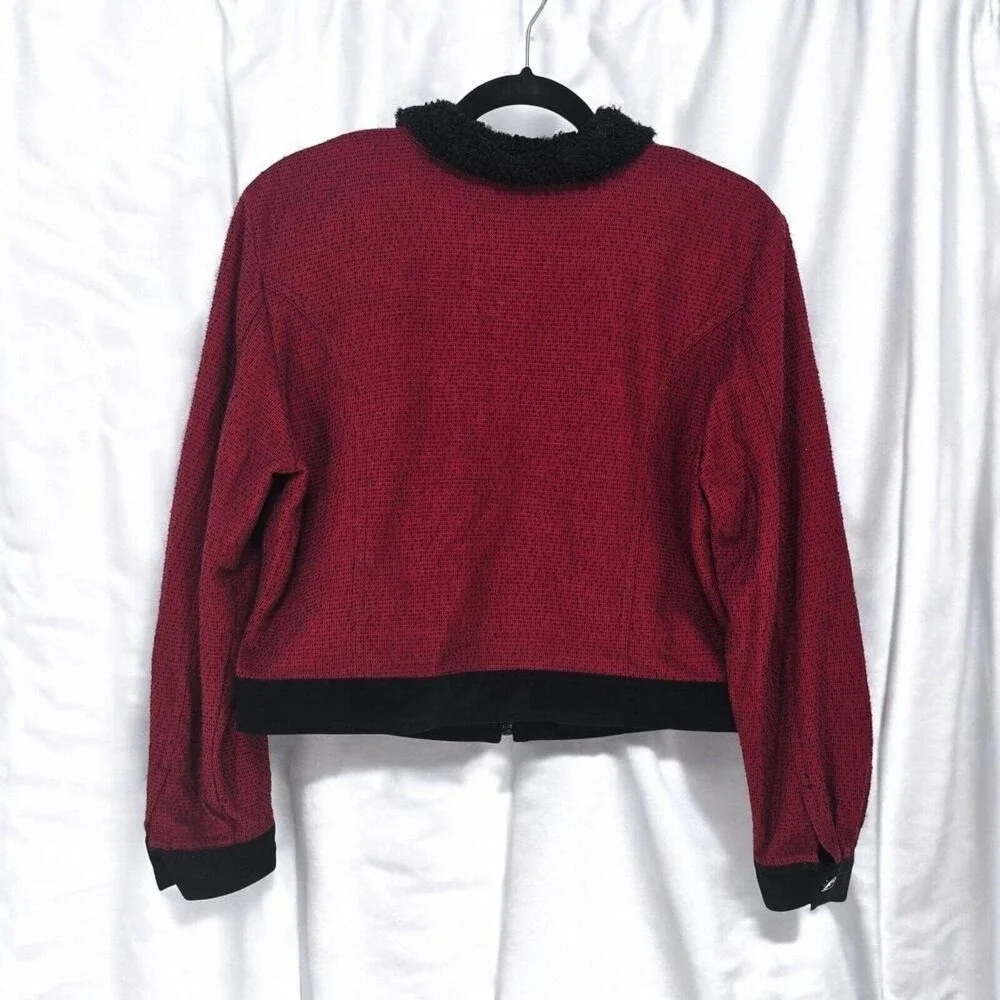 Nancy Bolen Petites City Girl Red Black Studded Skirt Suit Set Faux Fur Trim 90s